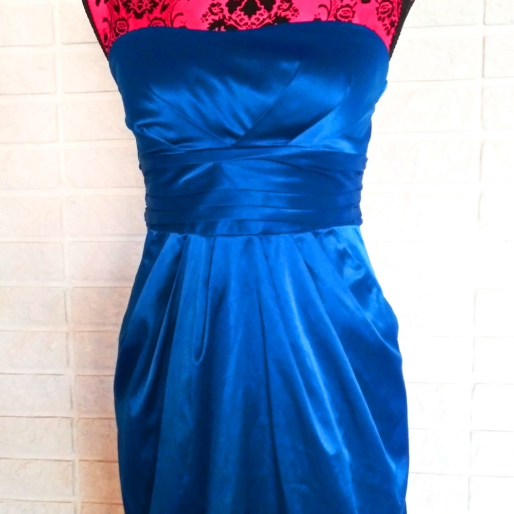 Satin Blue Strapless Mini Cocktai Dress
